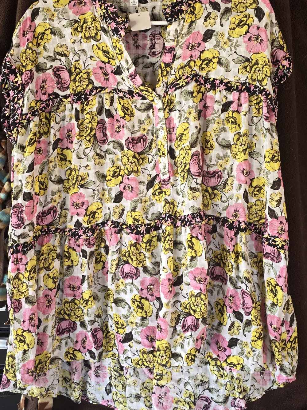 Jane and Delancey Pink and Yellow Floral Tiered Blouse
